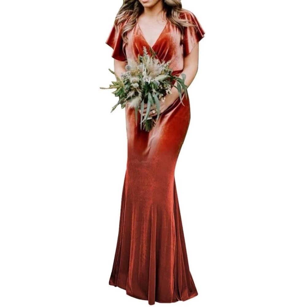 Rust Flutter Sleeve Velvet Dress